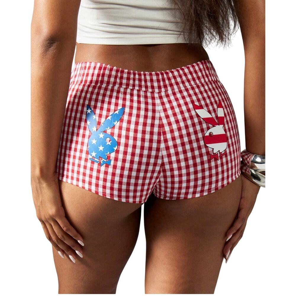 new Missguided x Playboy gingham check bunny logo cheeky shorts SH2 3178